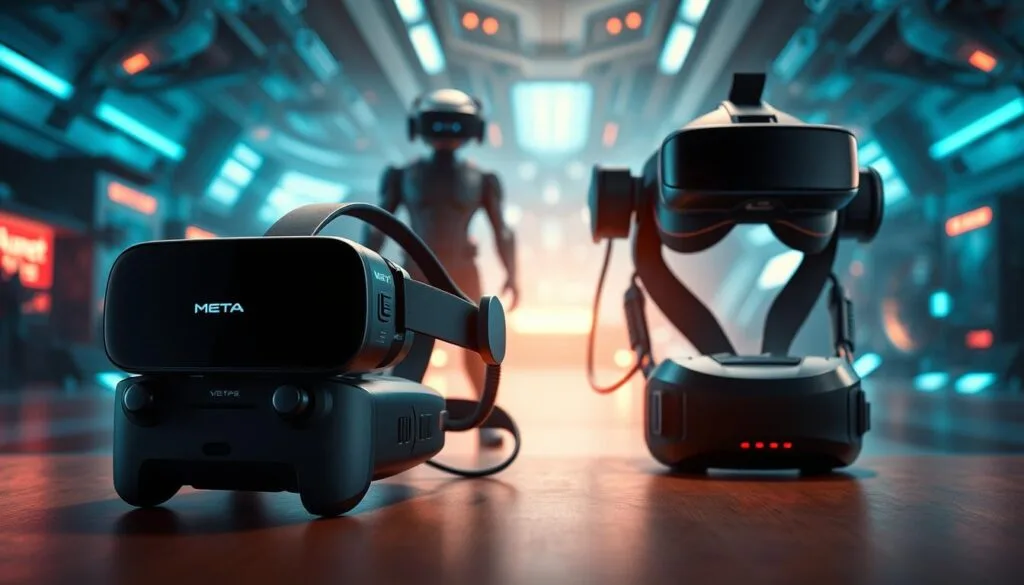 A stunning, high-resolution, photorealistic image of the Meta Quest VR platforms, showcasing their cutting-edge design and advanced capabilities. The foreground features the sleek, minimalist Quest 2 headset, its crisp display and intuitive controllers on full display. In the middle ground, the powerful Quest Pro model stands out with its refined ergonomics and additional sensors, evoking a sense of technological prowess. The background depicts a futuristic virtual environment, with dynamic lighting, reflections, and subtle details that highlight the platforms' impressive performance and immersive potential for open-world VR experiences. The overall composition conveys a sense of awe and excitement, capturing the essence of the VR gaming revolution.