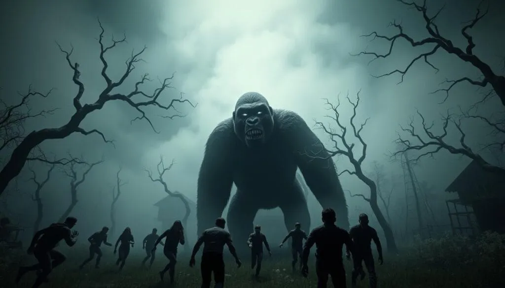 A terrifying scene of a gorilla tag game gone horribly wrong. In the foreground, a group of players flee in terror as a towering, nightmarish gorilla creature looms over them, its eyes glowing with an unnatural intensity. The middle ground is shrouded in an eerie mist, creating a sense of unease and isolation. In the background, the dilapidated, abandoned setting of the virtual world adds to the unsettling atmosphere, with ominous shadows and twisted, gnarled trees. The lighting is dramatic, with a mix of harsh shadows and muted, haunting hues that evoke a sense of dread and unease. The camera angle is slightly elevated, adding to the sense of scale and the overwhelming presence of the horrific gorilla entity.
