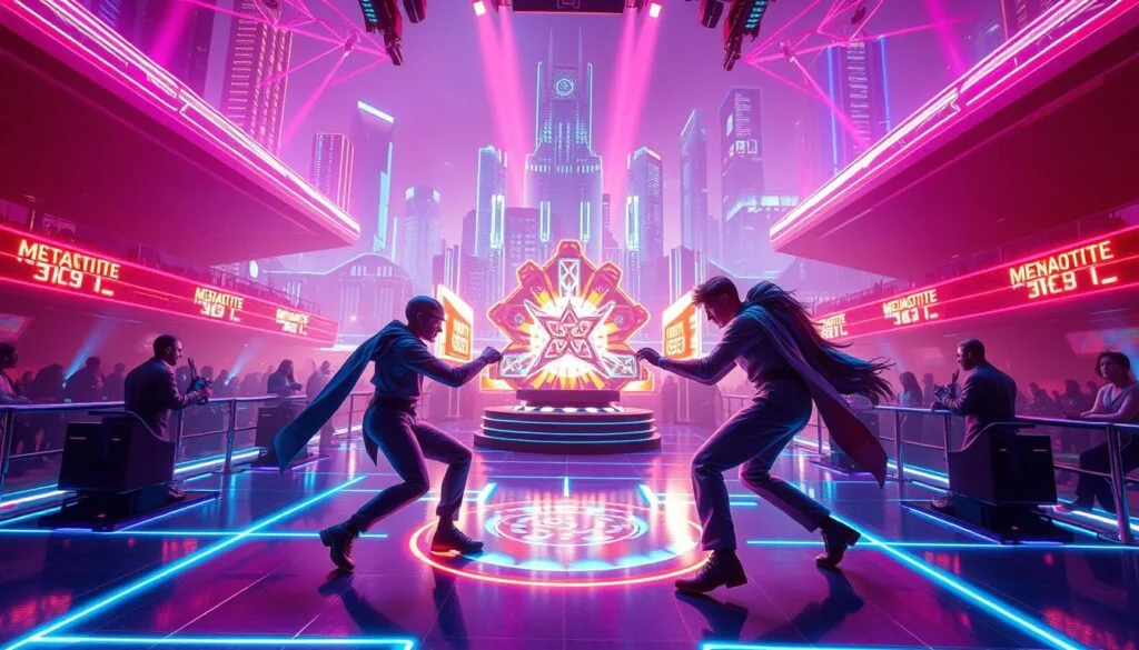 A thrilling virtual arena, bathed in neon hues and pulsing with energy. In the foreground, two avatars clash in an intense one-on-one duel, their movements fluid and lifelike, capturing the competitive spirit of the Meta Quest platform. The middle ground features a dynamic spectacle, with holographic displays and virtual spectators cheering on the action. The background is a sleek, futuristic cityscape, its skyscrapers and bridges creating a captivating, immersive backdrop. Cinematic lighting and a high-definition, cinematic camera angle combine to elevate the scene, showcasing the power and potential of the Meta Quest's cutting-edge graphics and gameplay.