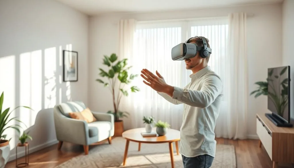 A tranquil living room in natural daylight, with a person wearing a virtual reality headset seamlessly blending the digital and physical realms. The user's surroundings - a cozy armchair, a coffee table, and houseplants - subtly interact with computer-generated elements, creating a cohesive mixed reality experience. Soft shadows, diffused lighting, and a sense of depth and scale establish a realistic, immersive atmosphere. The user's movements and gestures are mirrored in the virtual world, bridging the gap between the real and the imagined.