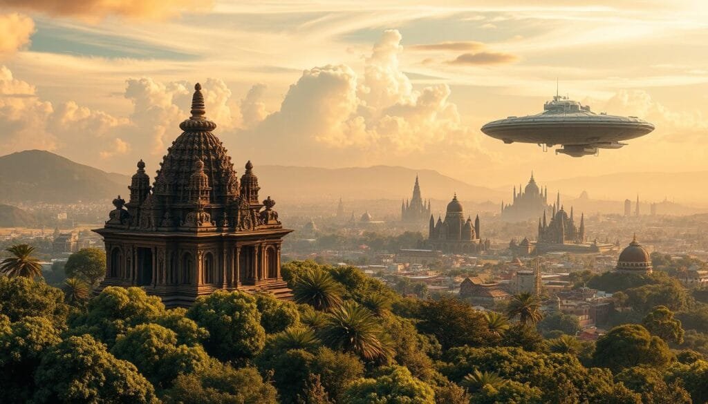 A vast, ancient world unfolds before the viewer, its diverse landscapes seamlessly blended. In the foreground, a stunning ancient temple emerges from lush, verdant foliage, its intricate carvings and weathered stone exuding an aura of timeless mystery. The middle ground reveals a sprawling cityscape, its towering spires and domes reaching towards the heavens, while in the distance, a futuristic space station hovers above, casting a soft glow upon the scene. The lighting is warm and natural, filtered through wispy clouds that drift across a breathtaking sky. The composition is balanced, drawing the eye through layers of wonder and discovery, inviting the viewer to immerse themselves in this captivating fusion of past, present, and future.