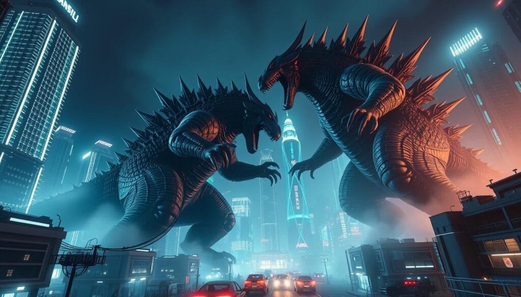 A vast, futuristic cityscape serves as the backdrop, with towering skyscrapers and neon-lit streets. In the foreground, two colossal kaiju titans clash in a spectacular battle, their massive forms casting dramatic shadows across the urban landscape. The kaiju are rendered with meticulous detail, their scales, horns, and claws gleaming under the intense, cinematic lighting. The scene is captured from a dynamic, low-angle perspective, emphasizing the sheer scale and power of the conflict. The atmosphere is charged with a sense of excitement and wonder, as the virtual reality experience immerses the viewer in the heart of this epic clash between titanic monsters.