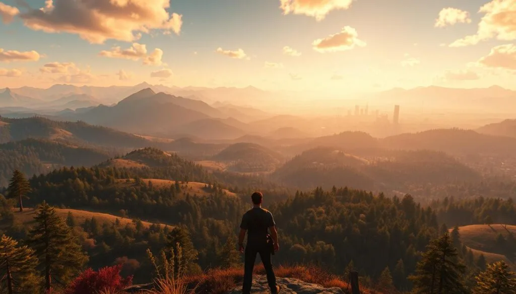 A vast, immersive virtual reality landscape unfolds, showcasing the most captivating open-world experiences. In the foreground, a player stands transfixed, fully immersed in a vivid, hyper-realistic environment. Sweeping vistas of rolling hills, dense forests, and towering mountains fill the middle ground, bathed in warm, natural lighting. In the distance, a glowing city skyline shimmers, hinting at the depth and complexity of the virtual realm. The scene exudes a sense of wonder and exploration, inviting the viewer to step into this extraordinary digital frontier and discover its countless marvels.