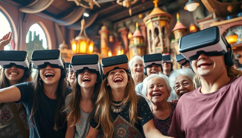A vibrant VR escape game world where friends, families, and teams come together for immersive adventures. In the foreground, a group of enthusiastic players, their expressions filled with excitement as they navigate the virtual challenges. The middle ground showcases diverse characters - from a young child to an elderly grandparent, all united by a shared sense of wonder. In the background, a richly detailed environment unfolds, with fantastical elements and interactive setpieces that invite exploration. Warm, natural lighting casts a welcoming glow, and the camera angle captures the camaraderie and joy of this shared experience. An atmosphere of celebration and connection permeates the scene, reflecting the inclusive, social nature of the VR escape game.