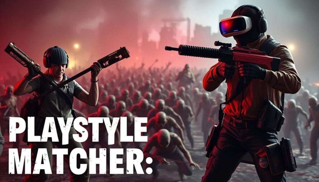 A vibrant and dynamic scene of a "playstyle matcher" in a zombie-infested virtual reality world. In the foreground, two distinct playstyles are represented - a narrative-driven survivor wielding a makeshift weapon, and an arcade-style shooter brandishing a high-tech firearm. The middle ground showcases a horde of shambling undead, creating a sense of urgency and danger. The background is shrouded in an eerie, atmospheric lighting, with hints of a ravaged cityscape beyond. The composition emphasizes the juxtaposition of the two playstyles, inviting the viewer to explore the nuances of how one can navigate this perilous virtual landscape.
