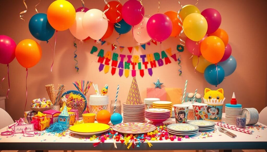 A vibrant and festive party package, showcasing an array of colorful decorations, balloons, and serveware arrayed on a sleek, modern table. The foreground features an assortment of party favors, streamers, and confetti, creating a lively and celebratory atmosphere. The middle ground displays a variety of themed party supplies, such as plates, cups, and napkins, in a cohesive color palette. The background is bathed in warm, diffused lighting, creating a cozy and inviting ambiance, perfect for an unforgettable VR birthday party.
