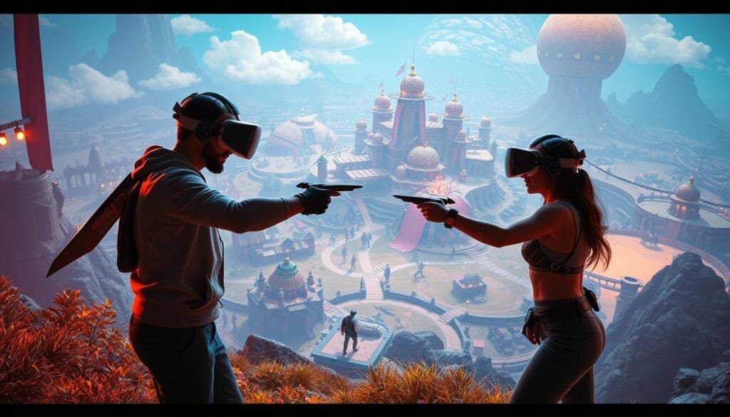 A vibrant and immersive virtual reality experience unfolds before the viewer. In the foreground, two players engage in a thrilling head-to-head battle, their avatars clashing in a dynamic display of skill and strategy. The middle ground reveals a cooperative adventure, where teammates work together to navigate a fantastical landscape, overcoming obstacles and uncovering hidden treasures. In the background, a sprawling virtual world teems with possibilities, showcasing the breadth and depth of VR experiences. Soft, warm lighting illuminates the scene, creating a sense of depth and drama. A cinematic camera angle captures the action, drawing the viewer into the heart of the virtual realm. The overall atmosphere is one of excitement, exploration, and the boundless potential of virtual reality.