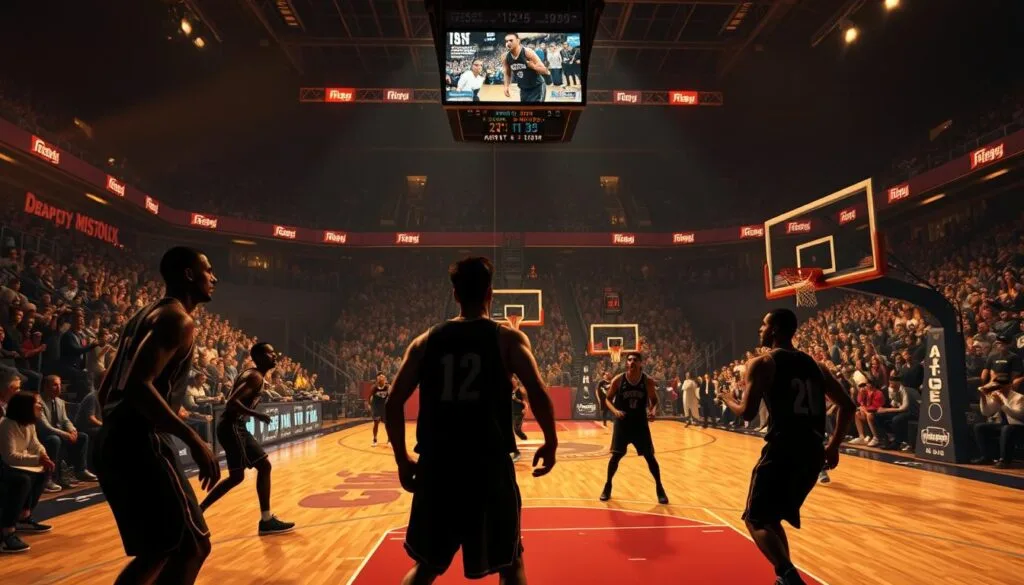 A vibrant basketball game unfolding on a meticulously rendered virtual court. The players' lifelike movements and expressions capture the intensity of the match, their figures silhouetted against a dimly lit arena bathed in warm, golden lighting. Spectators fill the stands, their cheers and applause creating a palpable atmosphere of excitement. The camera angle shifts dynamically, immersing the viewer in the heart of the action, showcasing the fluid, realistic gameplay that blurs the line between the virtual and the physical. Attention to detail in the textures, shadows, and environmental elements heightens the sense of realism, drawing the observer into the thrilling, immersive basketball experience.