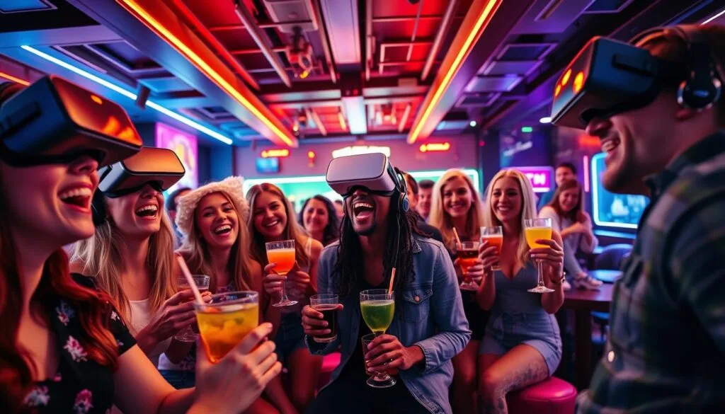 A vibrant, dynamic party scene in a virtual reality cafe, captured with a wide-angle lens and warm, inviting lighting. In the foreground, a group of friends excitedly compete in a VR game, their faces alight with laughter and concentration. In the middle ground, others sip colorful cocktails and share memories, their expressions joyful and carefree. The background reveals a lively, futuristic environment with pulsing neon lights, sleek furnishings, and a sense of endless possibilities for fun and celebration. The overall atmosphere is one of pure, unbridled revelry, where making lasting memories is the order of the day.