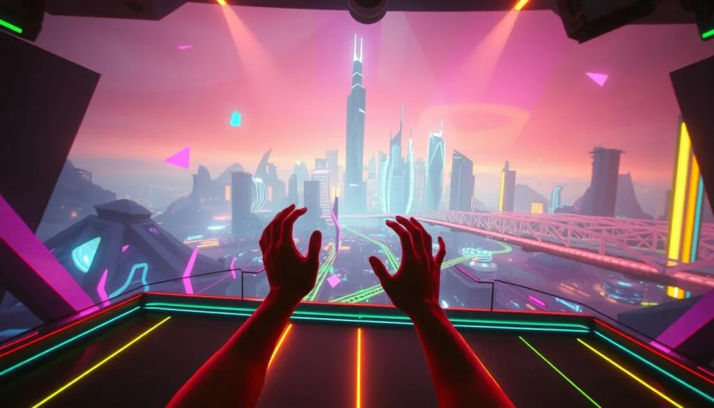 A vibrant and dynamic scene of app discovery, set against a backdrop of a futuristic city skyline. In the foreground, a user's hand scrolls through a sleek, holographic interface, exploring a curated selection of virtual reality game icons. The middle ground features a towering digital storefront, its transparent facade revealing a kaleidoscope of captivating VR game imagery. In the background, a cityscape of towering skyscrapers and hazy, neon-tinged clouds sets the stage for this immersive technological landscape. Soft, diffused lighting creates a sense of depth and atmosphere, while the overall composition conveys a sense of wonder, discovery, and the endless possibilities of the virtual realm.