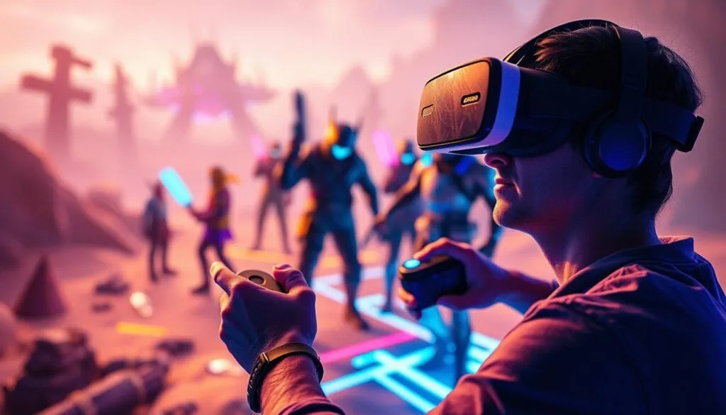 A vibrant, immersive virtual reality scene showcasing the best mobile games. In the foreground, a player wearing a VR headset is deeply engaged, their hands wielding futuristic controllers as they navigate a dynamic, neon-lit landscape. The middle ground features a selection of iconic game characters, each emanating a distinct mood and genre - from an intrepid explorer in a fantastical world to a high-tech warrior in a sleek, sci-fi setting. The background is a blurred, ethereal expanse, hinting at the boundless possibilities of the virtual realm. Soft, warm lighting casts a dreamlike glow, while subtle camera angles and cinematic composition draw the viewer into this captivating, immersive experience.