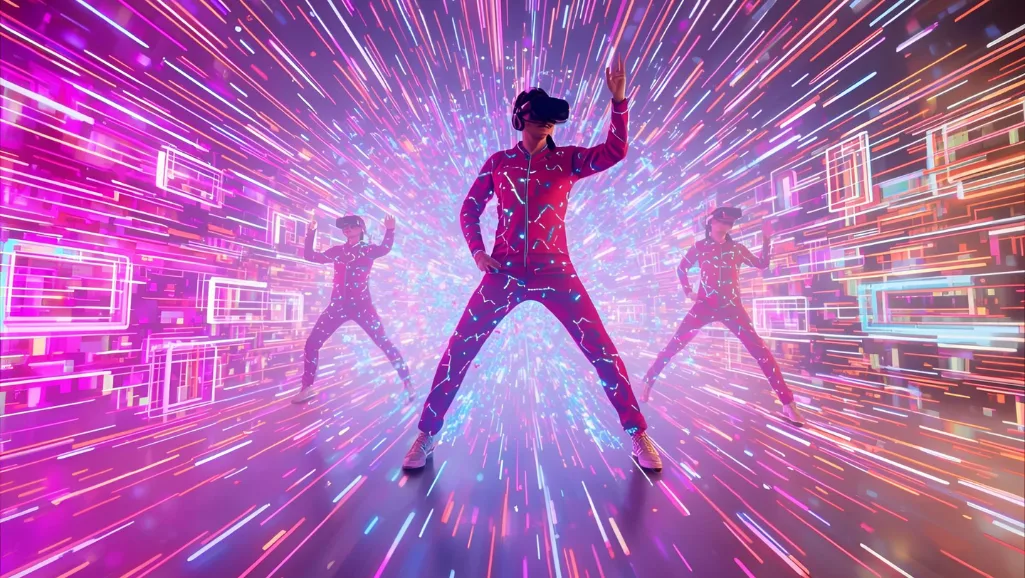 A vibrant, high-energy scene depicting the essence of rhythm and movement. In the foreground, a group of dancers move in perfect sync, their bodies flowing with dynamic energy and grace. The middle ground features a pulsing background of abstract geometric shapes, lines, and gradients that mimic the rhythm of the dancers' movements. The overall lighting is warm and vivid, creating a sense of excitement and immersion. The camera angle is slightly elevated, capturing the scene from an energetic, bird's-eye perspective that emphasizes the fluidity and energy of the composition. The mood is celebratory, captivating the spirit of being "in the zone" with a visually striking display of rhythmic movement.