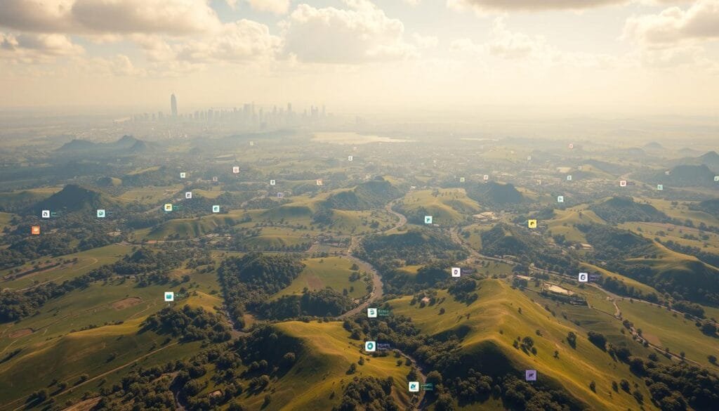 A vibrant open world landscape, teeming with a multitude of tags that guide the viewer's exploration. In the foreground, a vast expanse of lush, verdant terrain, dotted with various icons and labels that denote different gameplay elements, activities, and points of interest. The middle ground features a diverse array of terrain, from rugged mountains to winding rivers, each tagged with relevant information. In the distance, the horizon is punctuated by a towering skyline, its silhouette accentuated by warm, golden lighting that imbues the scene with a sense of adventure and discovery. The overall atmosphere is one of boundless exploration, where the tags serve as a seamless interface, empowering the viewer to navigate and uncover the wonders of this captivating open world.