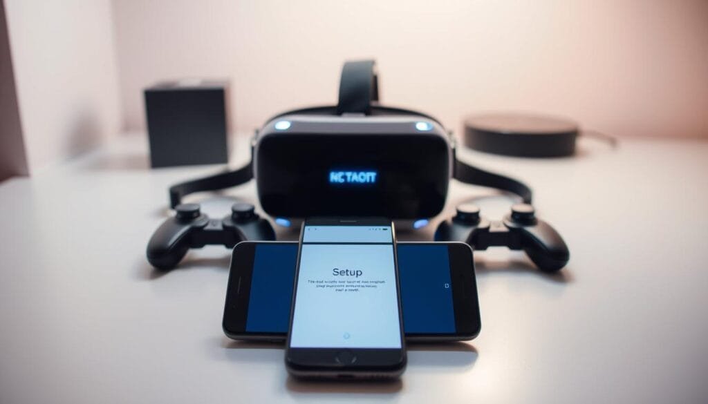 A well-lit workspace with a smartphone placed center stage, its screen displaying the setup process. Beside it, a virtual reality headset and its accompanying controllers rest, ready for integration. The background features a minimalist, neutral-toned environment, allowing the technology to take center stage. Soft, diffused lighting casts a warm glow, creating an inviting and immersive atmosphere. The composition emphasizes the seamless transition from setting up the smartphone to experiencing mobile virtual reality, hinting at the effortless journey ahead.