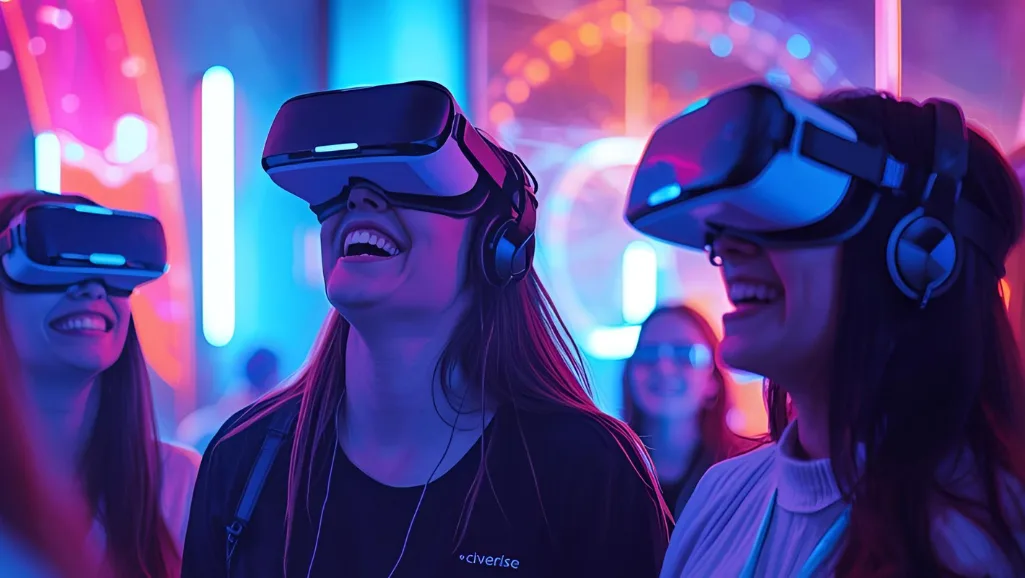 A cozy, social gathering in a casual, inviting VR space. Friends comfortably seated around a wooden coffee table, immersed in warm conversation and laughter, their faces lit by a soft, natural glow. Sunlight filters through large windows, casting a gentle, ambient light across the scene. The room is furnished with plush, earthy-toned sofas and armchairs, creating a comfortable, relaxed atmosphere. Potted plants and subtle decor elements add a touch of homey charm. The Meta Quest headsets on the table suggest a break from intense gaming, replaced by a tranquil, social VR experience.