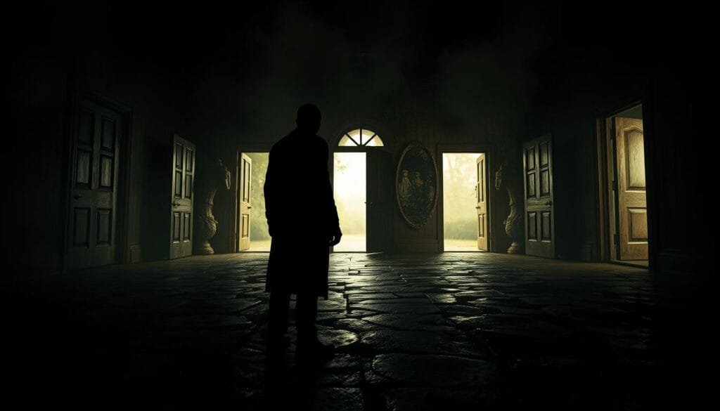 Different endings, a haunting tale of choices and consequences. In the foreground, a shadowy figure stands at a crossroads, the paths diverging into the unknown. Eerie lighting casts ominous shadows, the atmosphere thick with tension. In the middle ground, fragmented narratives unfold, each door a potential gateway to a different fate. The background whispers of the past, echoes of previous decisions that echo through the present. Cinematic angles capture the drama, the lens distorted to evoke a sense of unease. Crafted to captivate and unsettle, this image invites the viewer to explore the darkest corners of interactive horror games, where every choice holds the power to reshape the story.