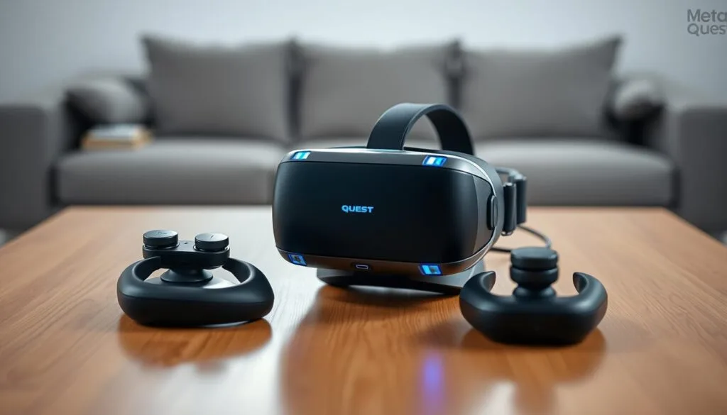 Prompt A well-lit, high-resolution image of a Meta Quest VR headset and its accessories, including the controllers, on a clean, minimalist wooden table. The headset is prominently displayed in the foreground, with the controllers positioned around it. The background is blurred, creating a sense of focus on the main subject. The lighting is soft and natural, highlighting the sleek design and premium materials of the Meta Quest. The overall composition and styling convey a sense of simplicity, quality, and the immersive VR experience the device offers.