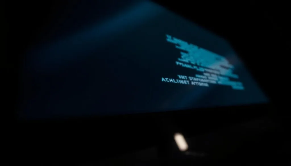 a close-up view of a computer screen, with a black background and a subtle blue and green glow emanating from the edges, creating a moody, futuristic atmosphere. The screen's surface is slightly reflective, capturing the soft lighting and casting subtle shadows. The display shows a glitched, distorted image, suggesting technical difficulties or a system error. The scene is captured from a low angle, emphasizing the dominance and importance of the screen. Dramatic chiaroscuro lighting creates deep shadows and highlights the screen's edges, creating a sense of drama and tension.