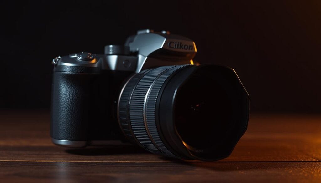 a professional, high-quality DSLR camera with a sleek, metallic body, resting on a wooden surface with a dark, moody background. The camera is positioned at a dynamic angle, capturing the viewer's attention. The lighting is dramatic, with a soft, warm glow illuminating the camera from the side, creating a sense of depth and texture. The lens is sharp and clear, hinting at the camera's advanced features and capabilities. The overall scene conveys a sense of sophistication, artistic expression, and the power of visual storytelling, reflecting the "Designing scenes that showcase your game and self" section of the article.